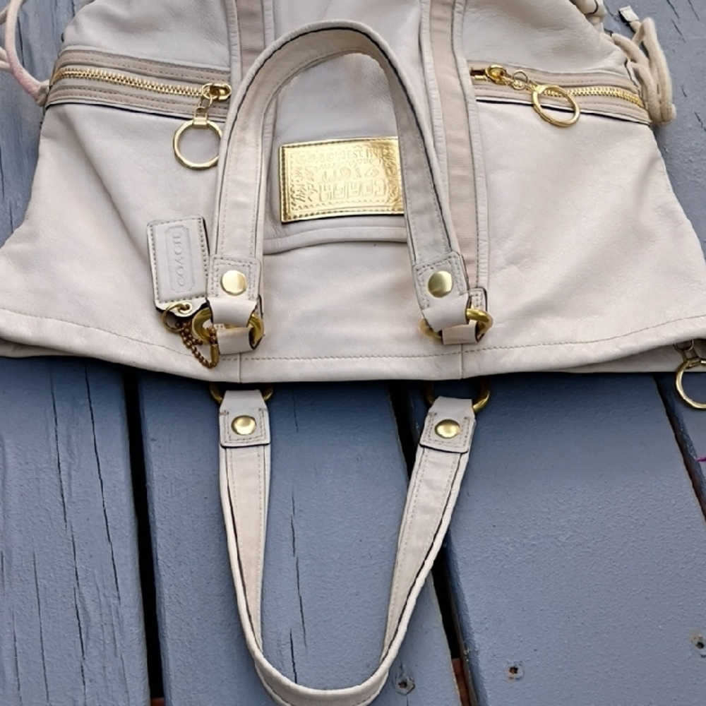 Coach Poppy White Leather Bag Tote 1456 Double Straps Gold Poppy Logo - Picture 11 of 17